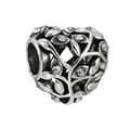 Oxidized silver hollow heart bead with leaf texture and white crystals for DIY bracelets - Vintage Silver Hollow Heart Bead (45) / Normal Specification