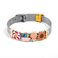 Ρυθμιζόμενο ασημί βραχιόλι πλέγματος με χρωματιστά σμάλτινα γούρια και λουλούδια - Ασημένιο Πλέγμα Με Χρυσή Πόρπη