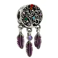 Ciondolo albero della vita argento con zirconi colorati e tre piume viola sfumate - Albero della Vita in Argento con Gemme Colorate
