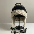 Handmade striped knit trapper hat with beaded tassels and pom-pom in neutral tones - M (56-58cm) / Grey/White