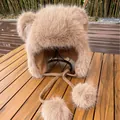 Colbacco invernale in peluche con orecchie da orso e pompon in pelliccia cammello - M(56-58cm) / Kaki