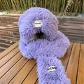 Plush purple rabbit ear hat and scarf combo with white woven label on wood table - M (56-58cm) / Purple