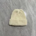 Thick cream knitted rabbit fur beanie with vertical ribs and wide fold-over cuff design - M (56-58cm) / White