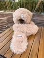 Detail of pink plush hooded scarf with long bunny ears and hand pockets on wood table - M (56-58cm) / Khaki