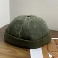 Détail du bonnet docker vert armée avec couronne en toile lavée et bord en velours côtelé - M(56-58cm) / Vert Militaire