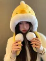 Cute yellow chick plush earflap hat with large white pompoms for winter warmth - M(56-58cm) / Yellow
