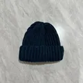 Detailed top view of navy blue ribbed knit beanie featuring thick wool texture and wide fold - M (56-58cm) / Navy Blue