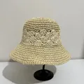 Cappello a secchiello in paglia all'uncinetto da donna con motivo floreale estivo - M (56-58cm) / Bianco Sporco