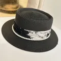 Flat top black straw boater hat with pearl chain and printed ribbon for summer travel - M (56-58cm) / Black