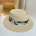 Flat top straw boater hat with floral ribbon and pearl trim for elegant summer beach style - M (56-58cm) / Beige