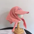 Cappello da sole a scacchi rossi con protezione per il collo e ricamo Freedom ricamato - M（56-58cm） / Rosa Intenso