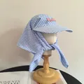 Blue plaid sun protection baseball hat with matching ribbon ties and fashion patch - M (56-58cm) / Blue
