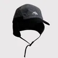 Detailed view of gray fleece trapper hat with black earflaps and mountain logo embroidery - M(56-58cm) / Black