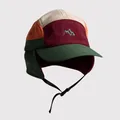 Detail view of contrast color fleece earflap hat with mountain embroidery and buckle strap - M(56-58cm) / Green