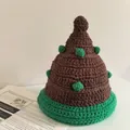 Handmade brown crochet knit beanie with green pom-poms and brim for kids and adults - M (56-58cm) / Coffee