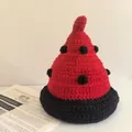 Handmade red crochet beanie with black polka dots and warm ear protection design - M (56-58cm) / Red