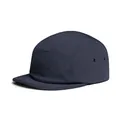 Detail of navy blue five-panel camper hat with metal ventilation eyelets and flat brim - Navy Blue
