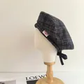 Béret à carreaux vintage en mélange de laine avec détail de nœud papillon élégant - M(56-58cm) / Vert