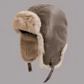 Chapeau de trappeur d'hiver en similicuir avec doublure pelucheuse et protège-oreilles - M (56-58cm) / Kaki
