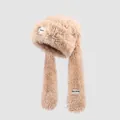 Detail of plush faux fur hood with scarf and RCCDO brand patches in soft apricot pink - M(56-58cm) / Khaki