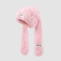 Close-up of pink faux fur trapper hat with long ear flaps and soft plush texture - M(56-58cm) / Pink