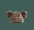 Detailed view of plush brown beanie with cute round ears and soft fuzzy faux fur texture - M (56-58cm) / Khaki