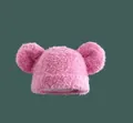 Close-up of pink fuzzy knit beanie showing soft long plush texture and pom pom ears - M (56-58cm) / Pink