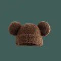Cute brown plush knitted hat with large double pom-pom ears for autumn and winter warmth - M (56-58cm) / Coffee