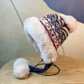 Winter thermal knit trapper hat with Nordic jacquard pattern and faux fur lining - M (56-58cm) / Blue