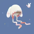 Cute white plush bunny ear hat with colorful star embroidery and long braided straps - M (56-58cm) / White