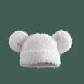 Cute white faux fur knit hat with plush bear ears for winter warmth and soft style - M (56-58cm) / White