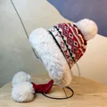 Winter knit thermal trapper hat with white faux fur lining and festive red geometric patterns - M (56-58cm) / Red