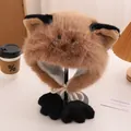 Detail of plush cat ear hat with brown faux fur and black paw-shaped drawstring ties - M(56-58cm) / Khaki
