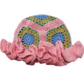 Detailed crochet texture of pink granny square sun hat with oversized ruffled brim - M / Pink Blue Flower