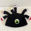 Funny octopus crochet knit hat with colorful tentacles and large single eye detail - M (56-58cm) / Black