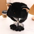Close-up of fluffy black plush earflap hat with cute 3D animal ears and braided ties - M(56-58cm) / Black
