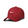 Close-up of Pyevien letter embroidery on a dark red twill cotton baseball cap - M (56-58cm) / Red