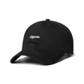 Detail of the white embroidered Pyerten text on the crown of a black cotton baseball cap - M (56-58cm) / Black