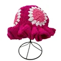 Macro detail of handmade crochet ruffle hat with colorful granny square floral pattern - M / Rose Red
