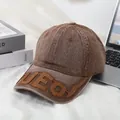 Vintage brown washed denim baseball cap with stitched UEO leather letters for men and women - M(56-58cm) / Light Coffee