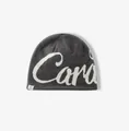 Detailed view of dark grey knitted beanie with white Cara jacquard pattern and logo tag - M (56-58cm) / Gray