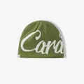 Olive green knitted beanie with white street style jacquard lettering and woven label - M (56-58cm) / Green