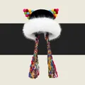 Chic winter knitted hat with white faux fur trim and colorful braided tassels - Medium / Black