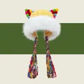 Winter yellow knit beanie with colorful pom-pom cat ears and white faux fur trim - Medium / Yellow