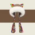 Women's cat ear knit hat with colorful pom-poms, faux fur trim, and braided tassels - Medium / Khaki