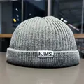 Gray ribbed knit beanie docker hat with FJMS label for men and women in hip-hop style - M / Gray
