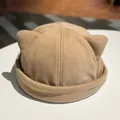 Cute khaki beanie with cat ear design in a knit texture and rolled brim style - M (56-58cm) / Khaki