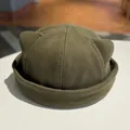 Olive green knitted docker hat with cat ears, street style accessory for women - M (56-58cm) / Army Green