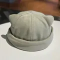 Detailed view of sage green dock worker cap with 3D cat ear design and rolled brim style - M (56-58cm) / Bean Green