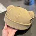 Detail of khaki beanie with cute bear ears and metallic ring on corduroy fabric - M (56-58cm) / Khaki